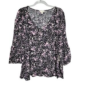 Terra Sky‎ Women's Top Plus Size 1X Black Pink V Neck Long Sleeve Viscose Blouse